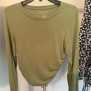 American Eagle Outfitters Green Ruched Tie Front Blouse